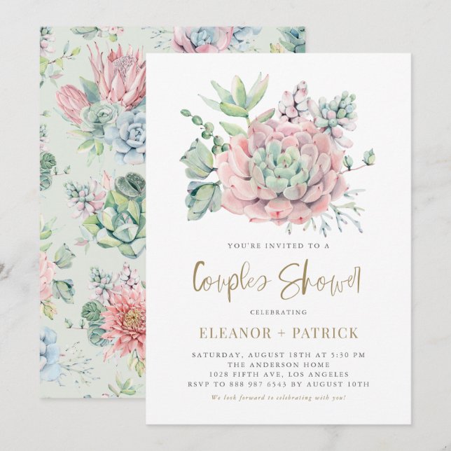 Invitation Aquarelle Pastel Succulents Couples Douche (Devant / Derrière)