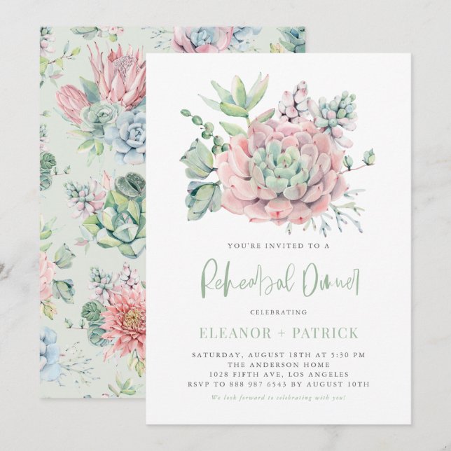 Invitation Aquarelle Pastel Succulents Dîner de répétition (Devant / Derrière)