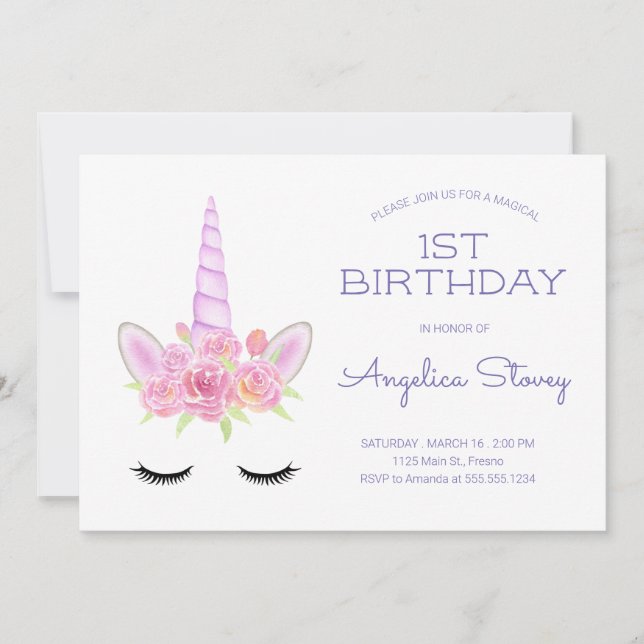 Invitation Aquarelle Pastel Unicorn et Rainbow Birthday (Devant)