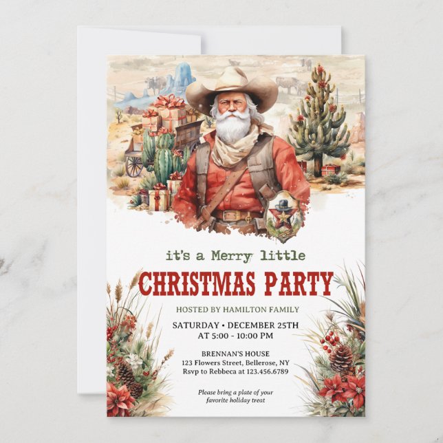 Invitation Aquarelle pastorale sauvage ouest Père Noël cowboy (Devant)