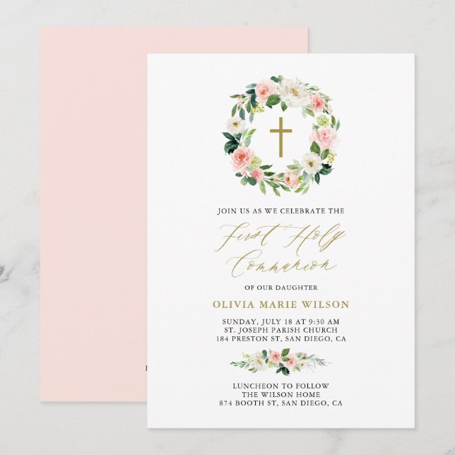 Invitation Aquarelle Peach Florals Première communion sainte (Devant / Derrière)