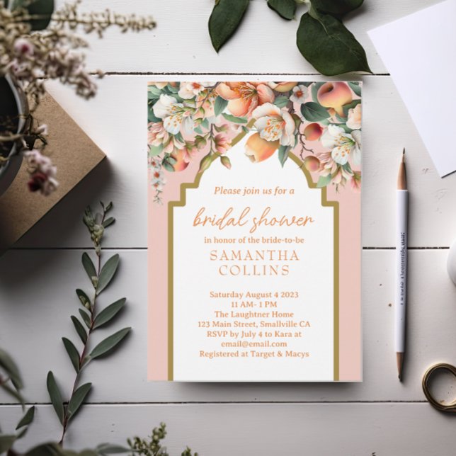 Invitation Aquarelle Peach Gold Floral Fête des mariées (Créateur téléchargé)