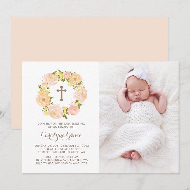 Invitation Aquarelle Peach Peony Wreath Photo Baby Blessing (Devant / Derrière)