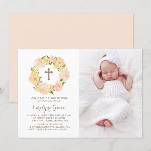Invitation Aquarelle Peach Peony Wreath Photo Baby Blessing