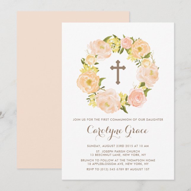 Invitation Aquarelle Peach Peony Wreath Première sainte commu (Devant / Derrière)