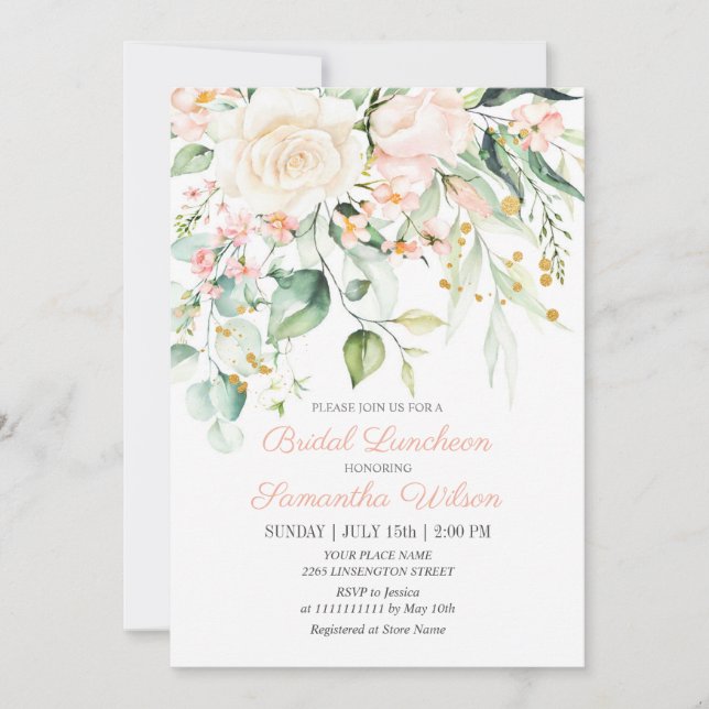 Invitation Aquarelle Peach Rose Blush Flower Fête des mariées (Devant)