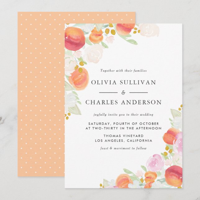 Invitation Aquarelle Peaches et fleurs Mariage de printemps (Devant / Derrière)