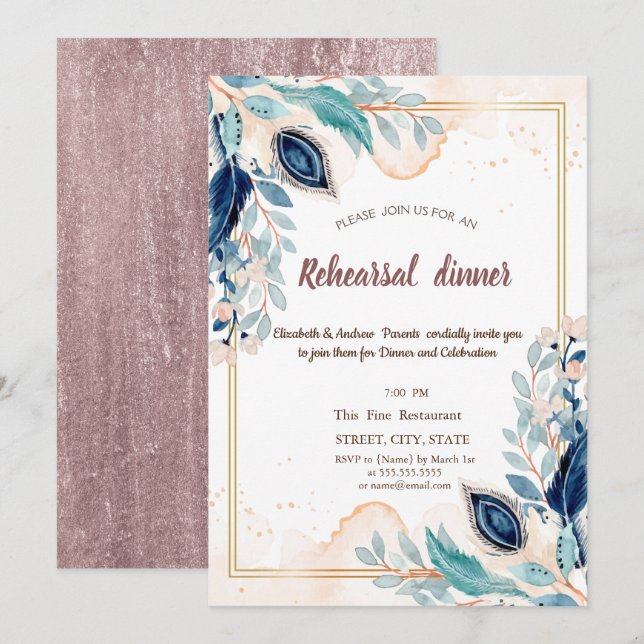 Invitation Aquarelle Peacock Dîner de répétition florale (Devant / Derrière)