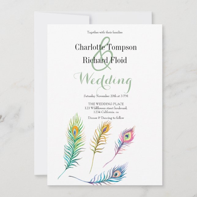 Invitation Aquarelle Peacock Feathers Mariage (Devant)