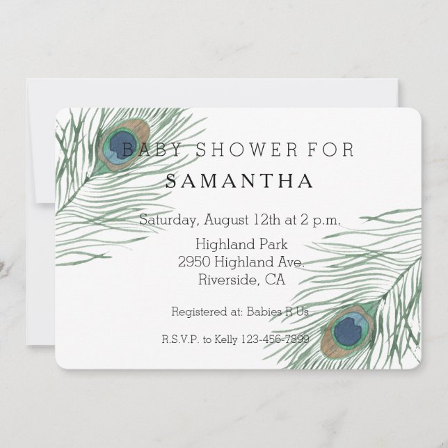 Invitation Aquarelle Peacock Feathes baby shower (Devant)