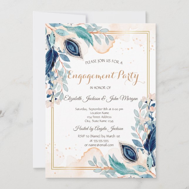 Invitation Aquarelle Peacock Floral Fiançailles bleu foncé (Devant)