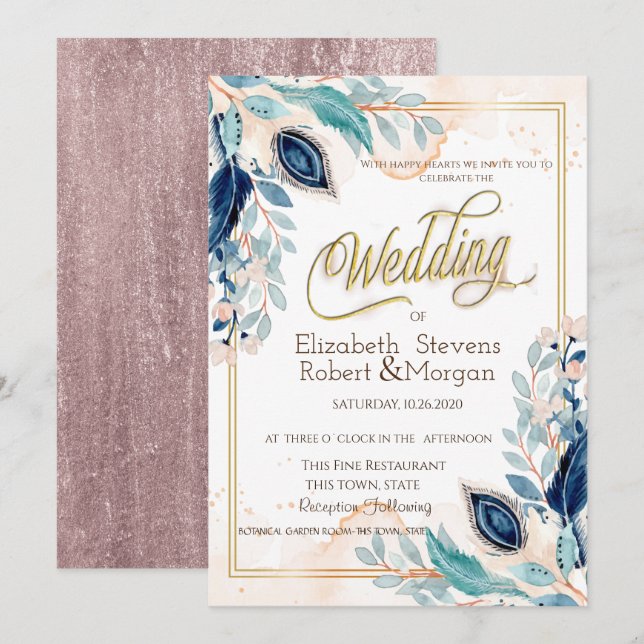 Invitation Aquarelle Peacock Floral Mariage (Devant / Derrière)