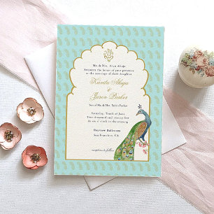 Invitation Aquarelle Peacock & Ganesh en Mariage or
