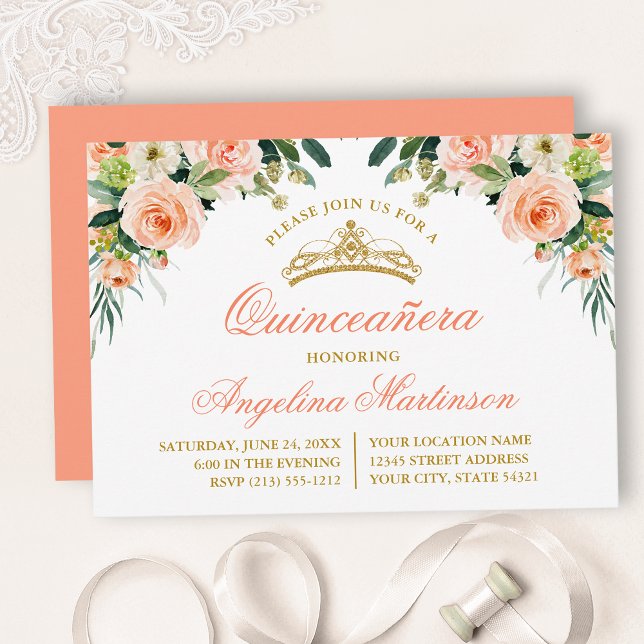 Invitation Aquarelle Pêche blanc Floral Quinceanera Party (Customize to change text color, style, add text & photos to back or change color of back of card.)