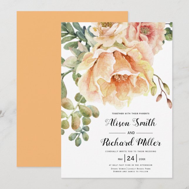 Invitation Aquarelle pêche corail fleurs typographie mariage (Devant / Derrière)