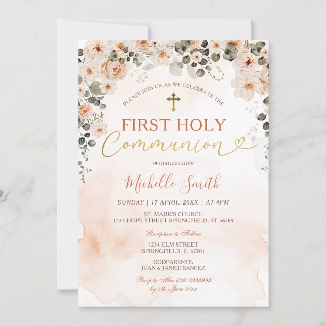 Invitation Aquarelle Pêche Florale Fille Première Sainte Comm (Devant)