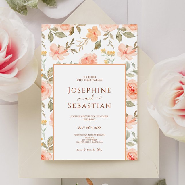 Invitation Aquarelle Pêche Monnaie Florale Jardin Mariage (Créateur téléchargé)