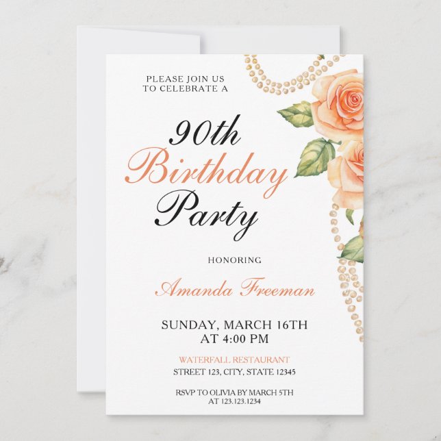 Invitation Aquarelle Pêche Roses avec perles 90e anniversaire (Devant)