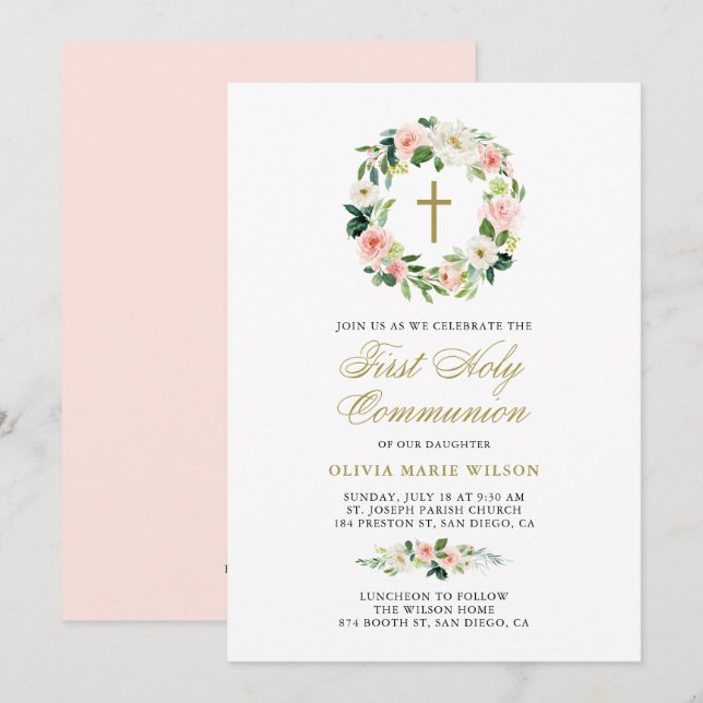 Invitation Aquarelle Pêcher Floral Première Communion Sainte (Devant / Derrière)