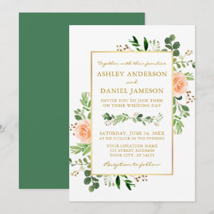 Invitation Aquarelle Pêcher Rose Verdure Mariage Or