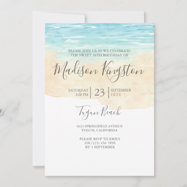 Invitation Aquarelle peinte à la main Blue Beach Sweet 16 Inv (Devant)