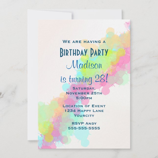Invitation Aquarelle Peinture Splatter coloré Anniversaire (Devant)