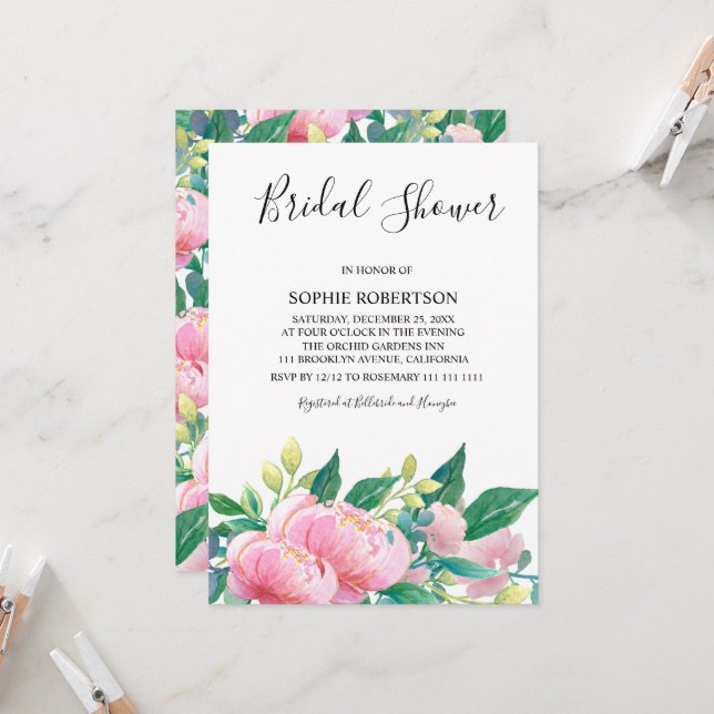 Invitation Aquarelle Peonies Fête des mariées Mariage botaniq (Devant/Arrière en situation)