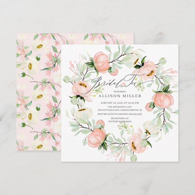 Invitation Aquarelle Peonies Florales Wreath Thé nuptial (Devant / Derrière)