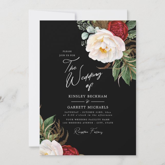 Invitation Aquarelle Peonies Mariage noir personnalisable (Devant)