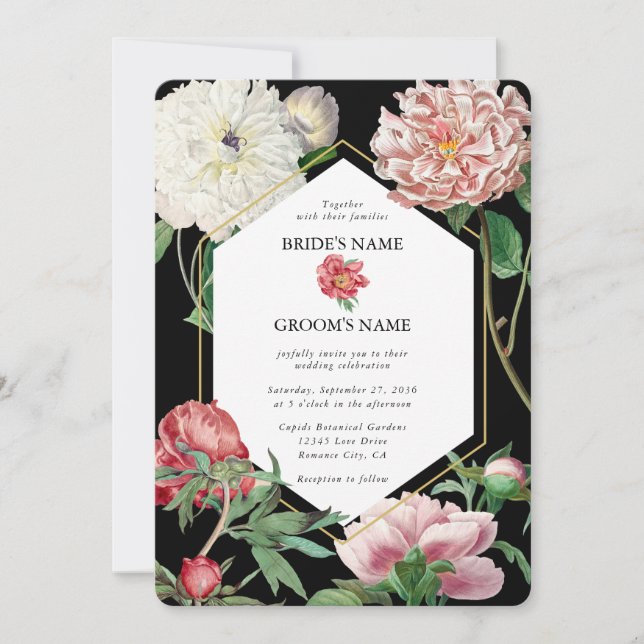Invitation Aquarelle Peonies rose Fleurs Mariage Noir (Devant)