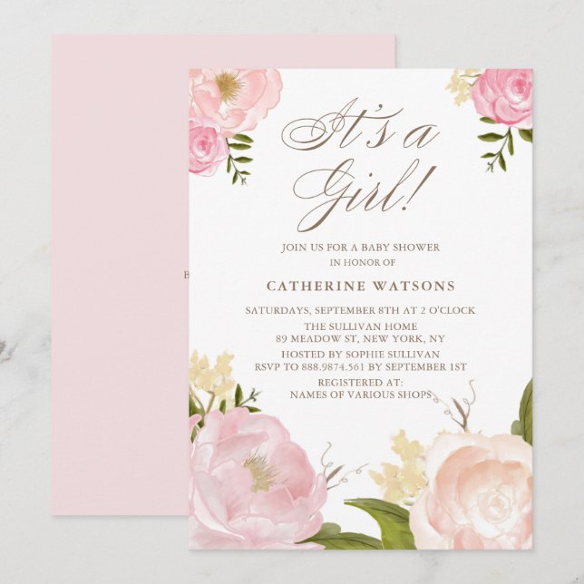 Invitation Aquarelle Peonies roses C'est un Baby shower de fi (Devant / Derrière)