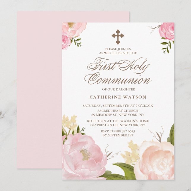 Invitation Aquarelle Peonies roses Première Communion sainte (Devant / Derrière)