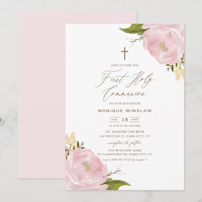Invitation Aquarelle Peonies roses Première Communion sainte (Devant / Derrière)