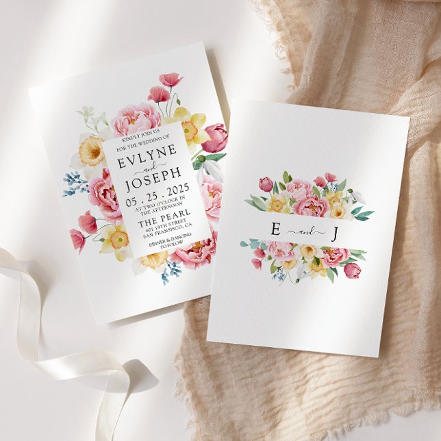 Invitation Aquarelle Peony rose Frontière Florale Mariage uni (Créateur téléchargé)