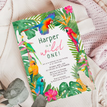 Aquarelle perroquets tropicaux fleuris 1er anniver