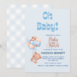 Invitation Aquarelle personnalisée Cute Teddy Bear Boy Douche