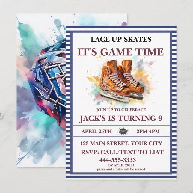 Invitation Aquarelle Personnalisée Hockey sur glace Thème d'a (Devant / Derrière)