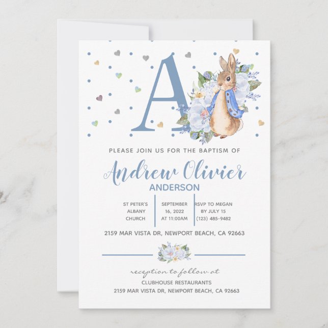 Invitation Aquarelle Peter Rabbit Baby Boy Christening (Devant)