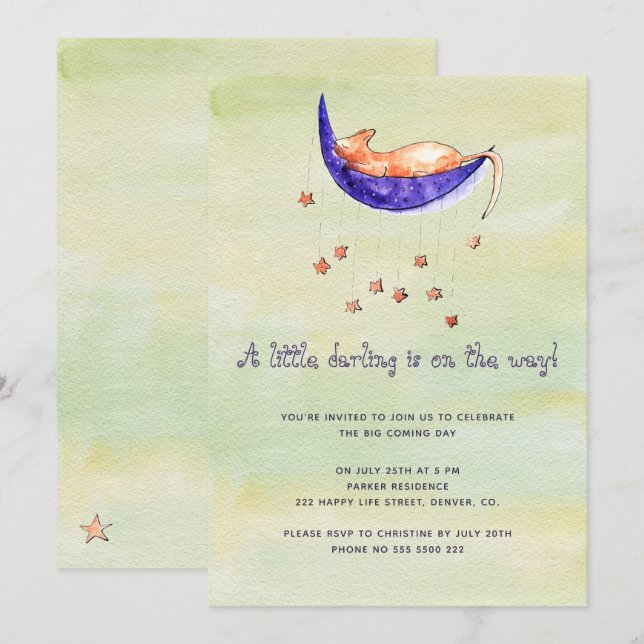 Invitation Aquarelle petit bébé sur le chemin baby shower (Devant / Derrière)