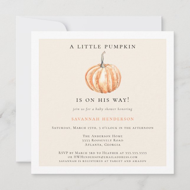 Invitation Aquarelle Petit Citrouille Sur Le Chemin Baby show (Devant)