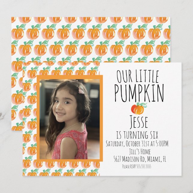 Invitation Aquarelle Petit Halloween photo Citrouille (Devant / Derrière)
