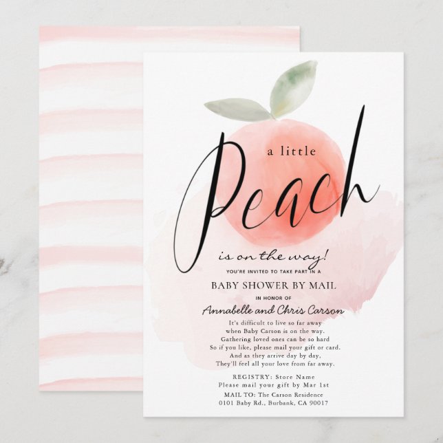 Invitation Aquarelle Petite Peach Baby shower rose par courri (Devant / Derrière)