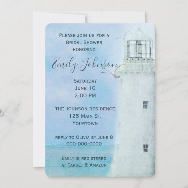 Invitation Aquarelle Phare blanc et mouettes (Devant)