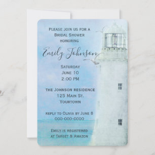 Invitation Aquarelle Phare blanc et mouettes