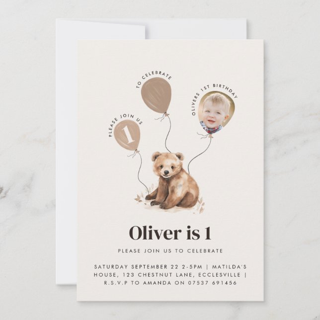 Invitation Aquarelle photo ours 1er anniversaire moderne (Devant)