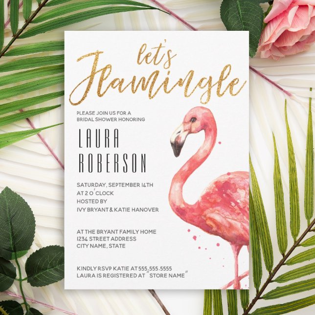 Invitation Aquarelle Pinceau Flamingle Gold Fête des mariées (Let's flamingo theme is a fun way to create a tropical bridal shower theme with pink flamingo.)