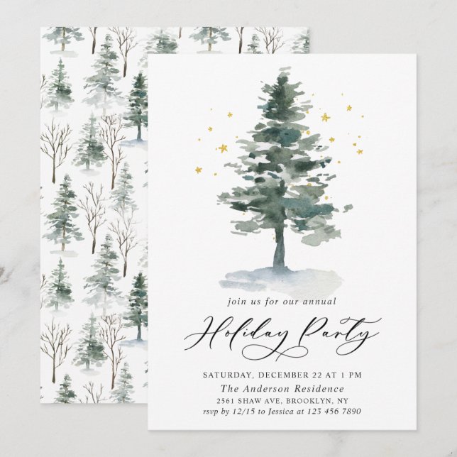 Invitation Aquarelle Pine Arbre Chic Noël Fête de Noël (Devant / Derrière)