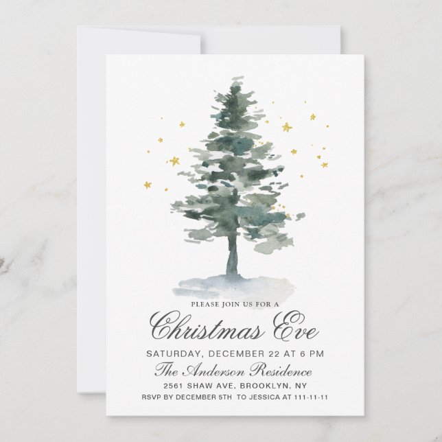 Invitation Aquarelle Pine Arbre Chic Noël Réveillon (Devant)