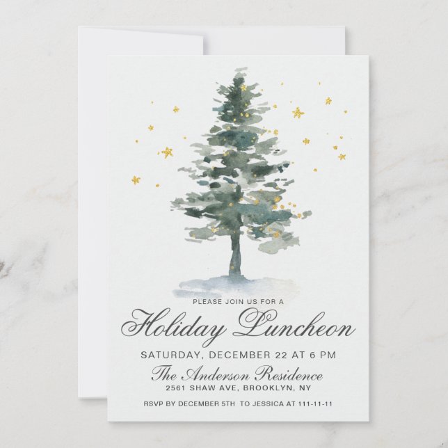Invitation Aquarelle Pine Arbre de Noël Déjeuner (Devant)