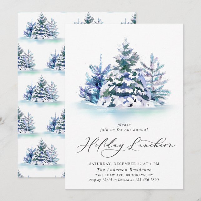 Invitation Aquarelle Pine Arbre de Noël Déjeuner (Devant / Derrière)
